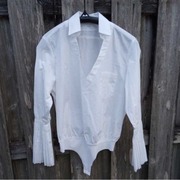 Alix NYC V-Neck Pleated-Sleeve White Shirt Women Sz L - Picture 10 of 10